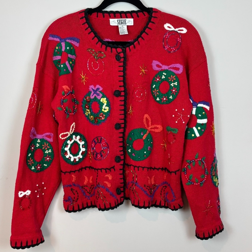 Vintage Seque Red Christmas Sweater Beaded Embroidered Womens MED Ugly Sweater